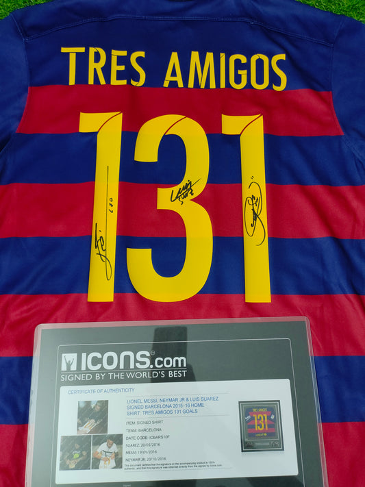 Messi, Suárez, Neymar Trio Signed Jersey 15/16 Barcelona Home Kit Icons coa