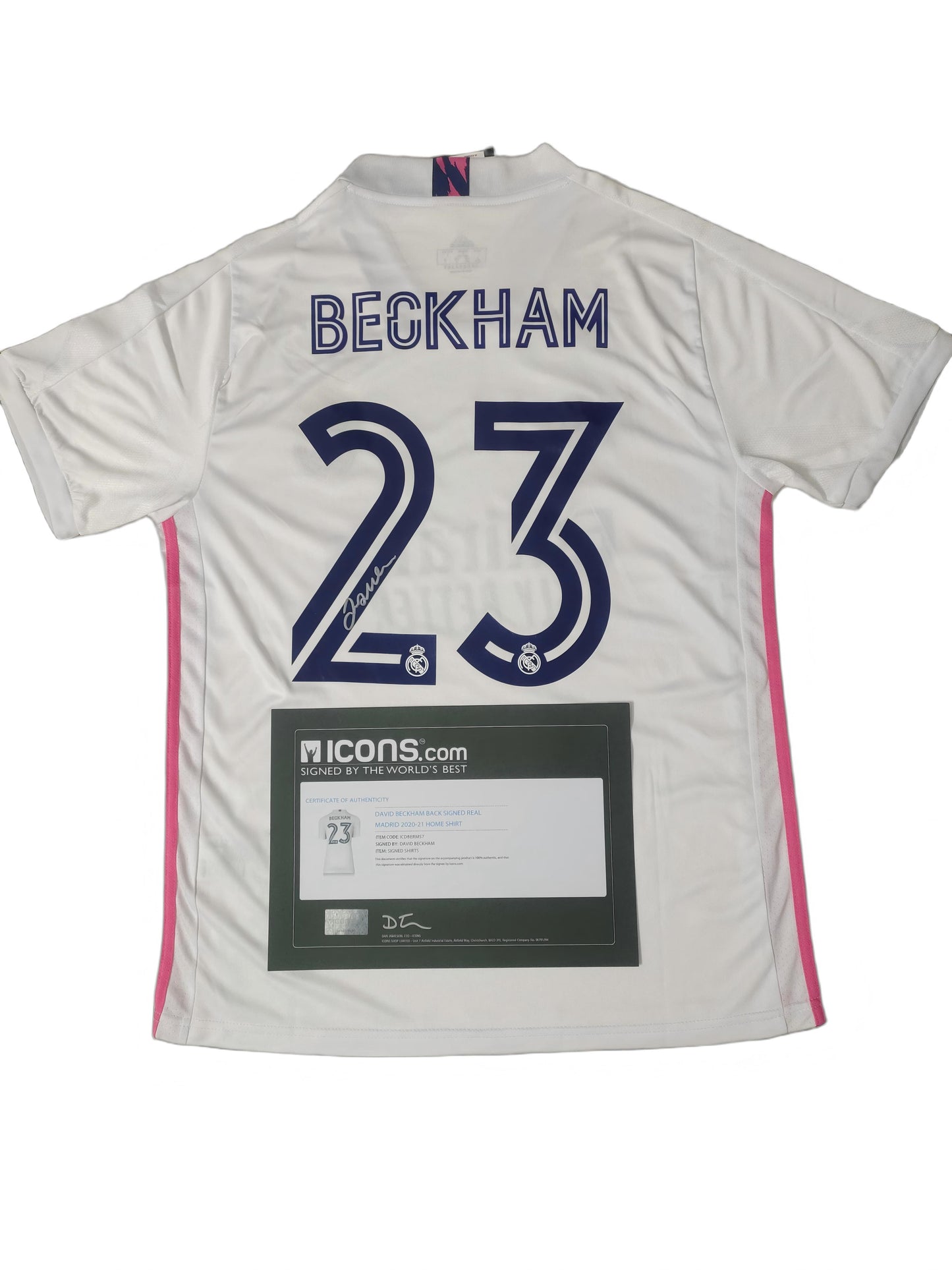 Camiseta autografiada de David Beckham Real Madrid Temporada 20/21 Local icons coa