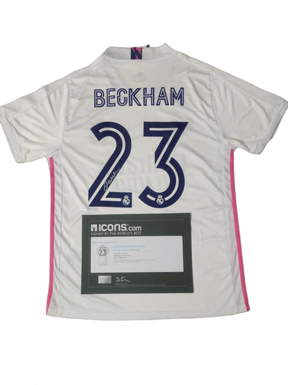Camiseta autografiada de David Beckham Real Madrid Temporada 20/21 Local icons coa