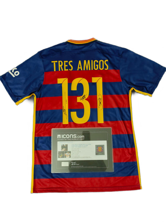 Messi, Suárez, Neymar Trio Signed Jersey 15/16 Barcelona Home Kit Icons coa